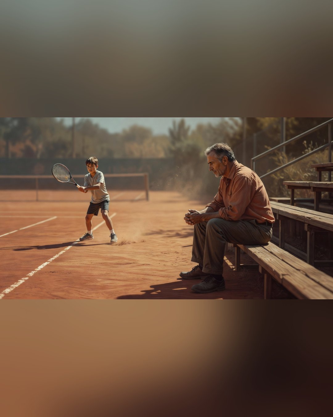Pai sentado nas arquibancadas de uma quadra de tênis observando seu filho jovem treinar sozinho em quadra de saibro, luz de fim de tarde, expressão contemplativa.