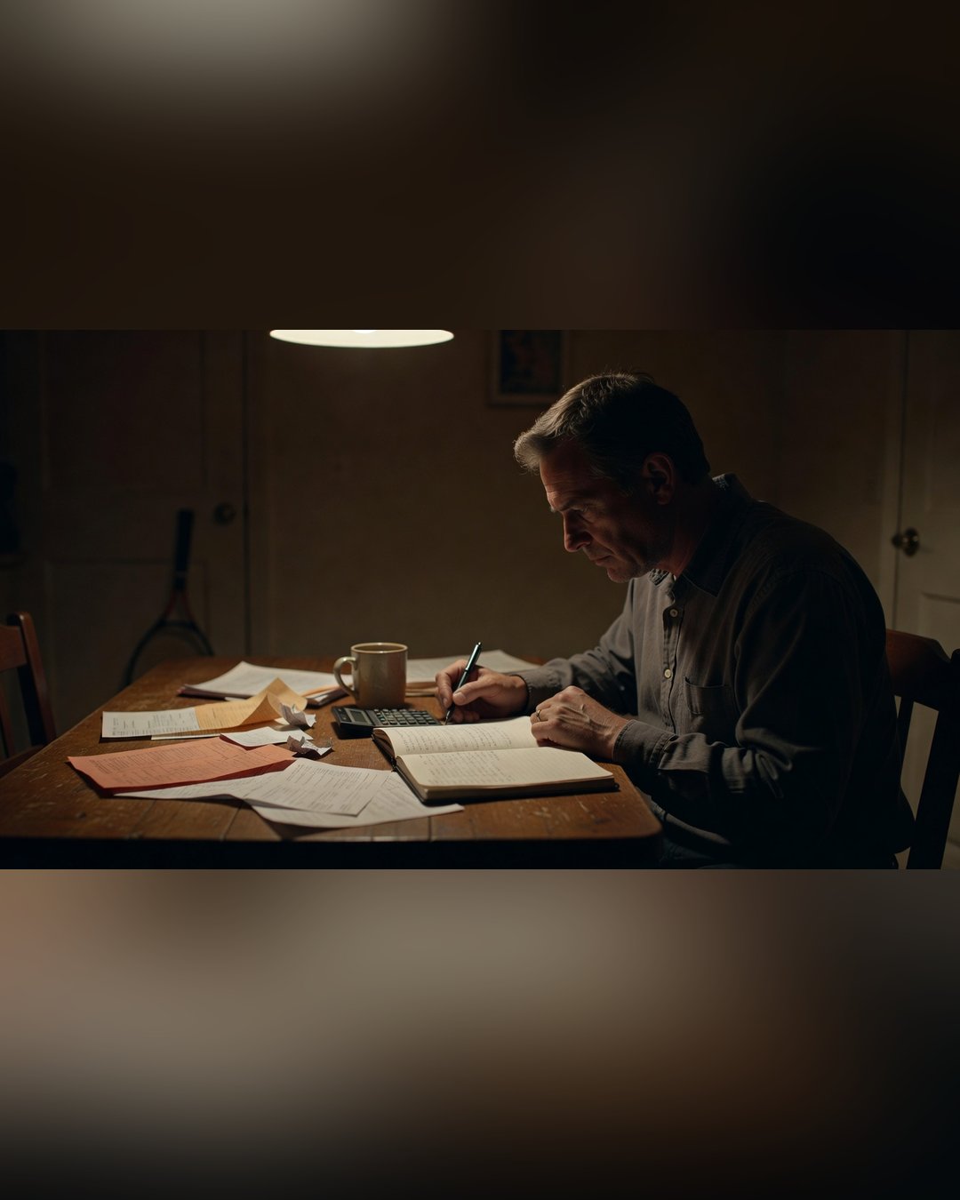 Homem de meia-idade sozinho à mesa da cozinha à noite, sob uma lâmpada quente, fazendo contas num caderno com uma calculadora e papéis espalhados. Ao fundo, no escuro, uma raquete de tênis encostada na parede.