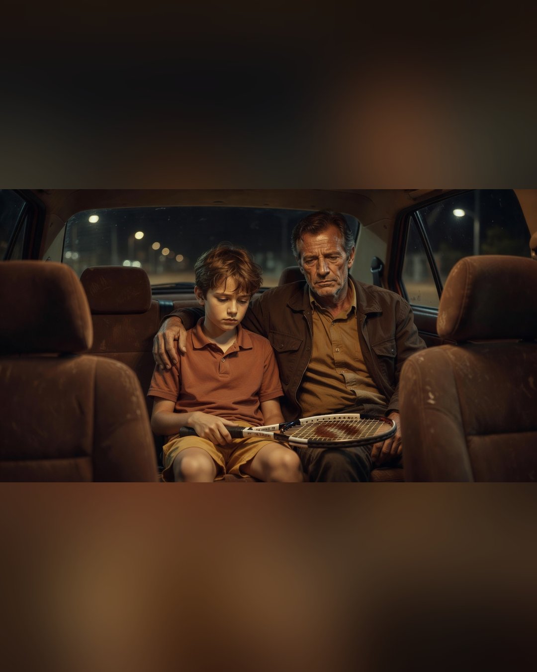 Pai e filho adolescente sentados lado a lado no banco traseiro de um carro à noite, vidro embaçado, expressões fechadas, luz fria de estacionamento entrando pela janela.