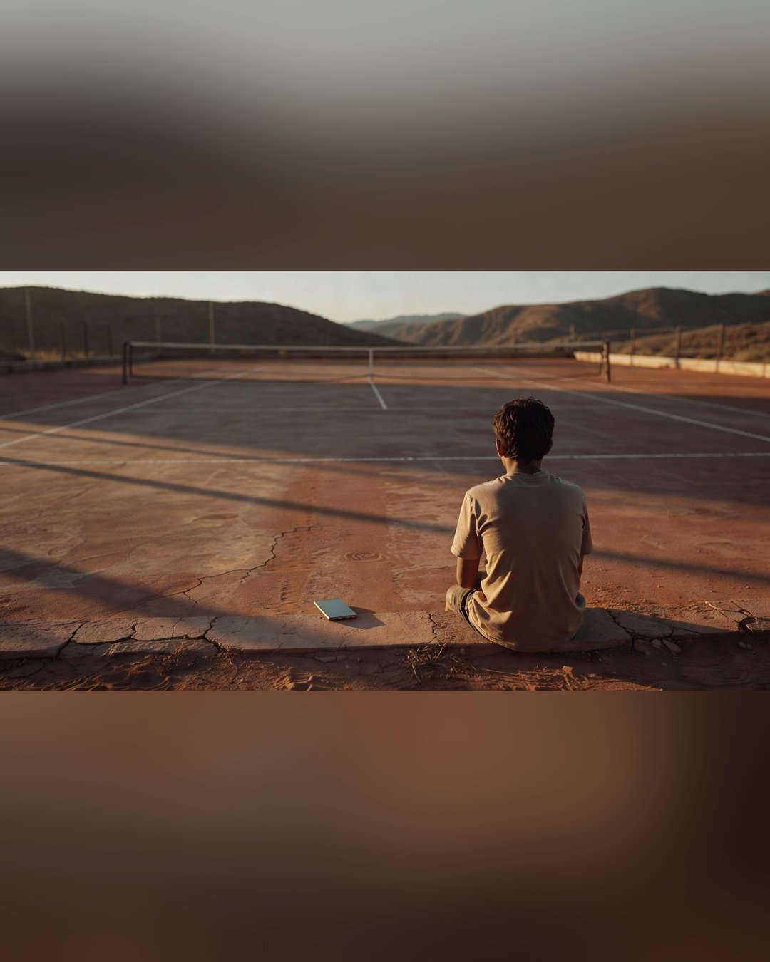 Adolescente sentado de costas numa quadra de tênis vazia ao entardecer, com um smartphone apoiado no chão a alguns metros de distância, luz dourada e atmosfera contemplativa.