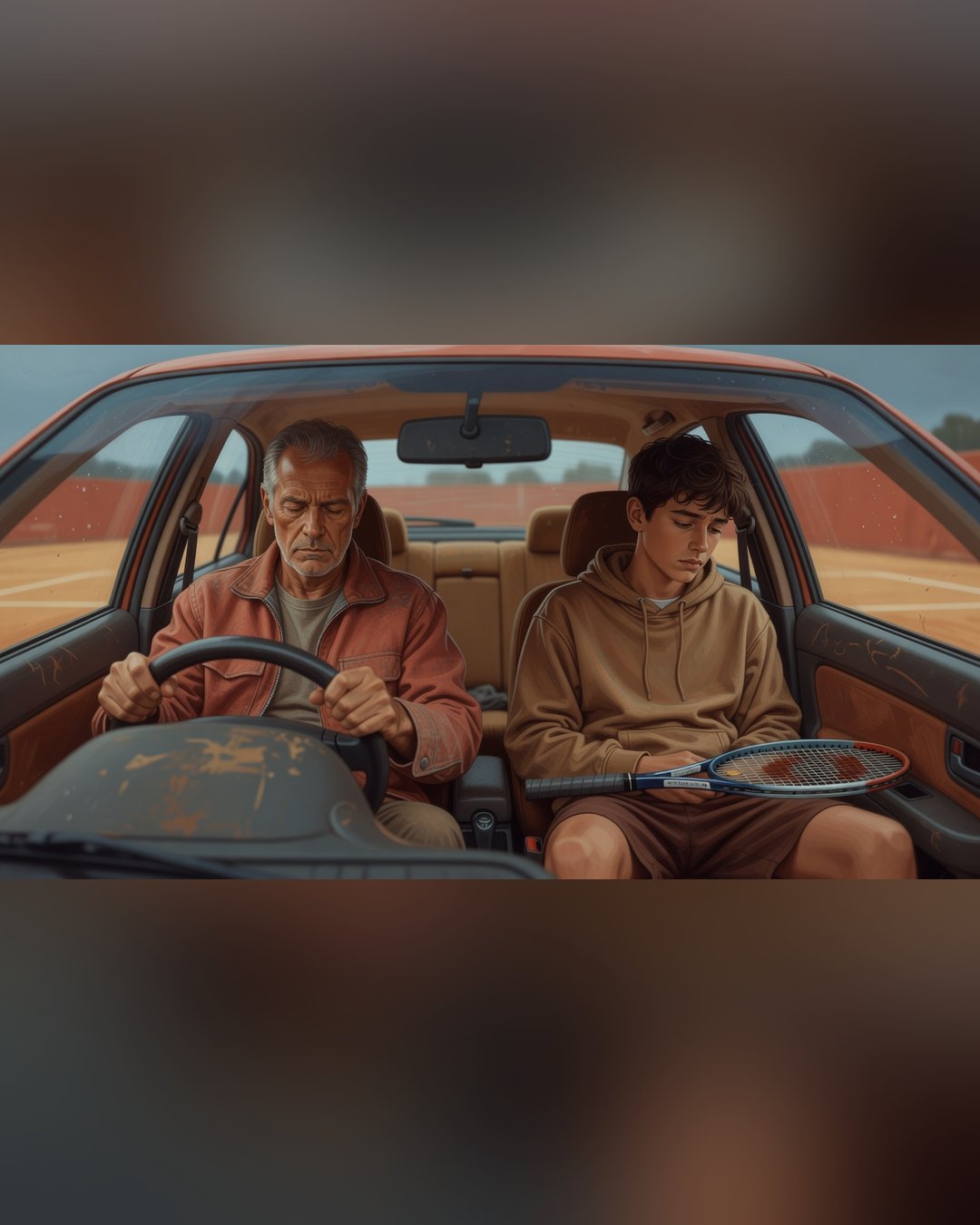 Pai e filho adolescente sentados em silêncio no banco traseiro de um carro, janelas embaçadas, expressões fechadas, luz fria de final de tarde entrando pela lateral.