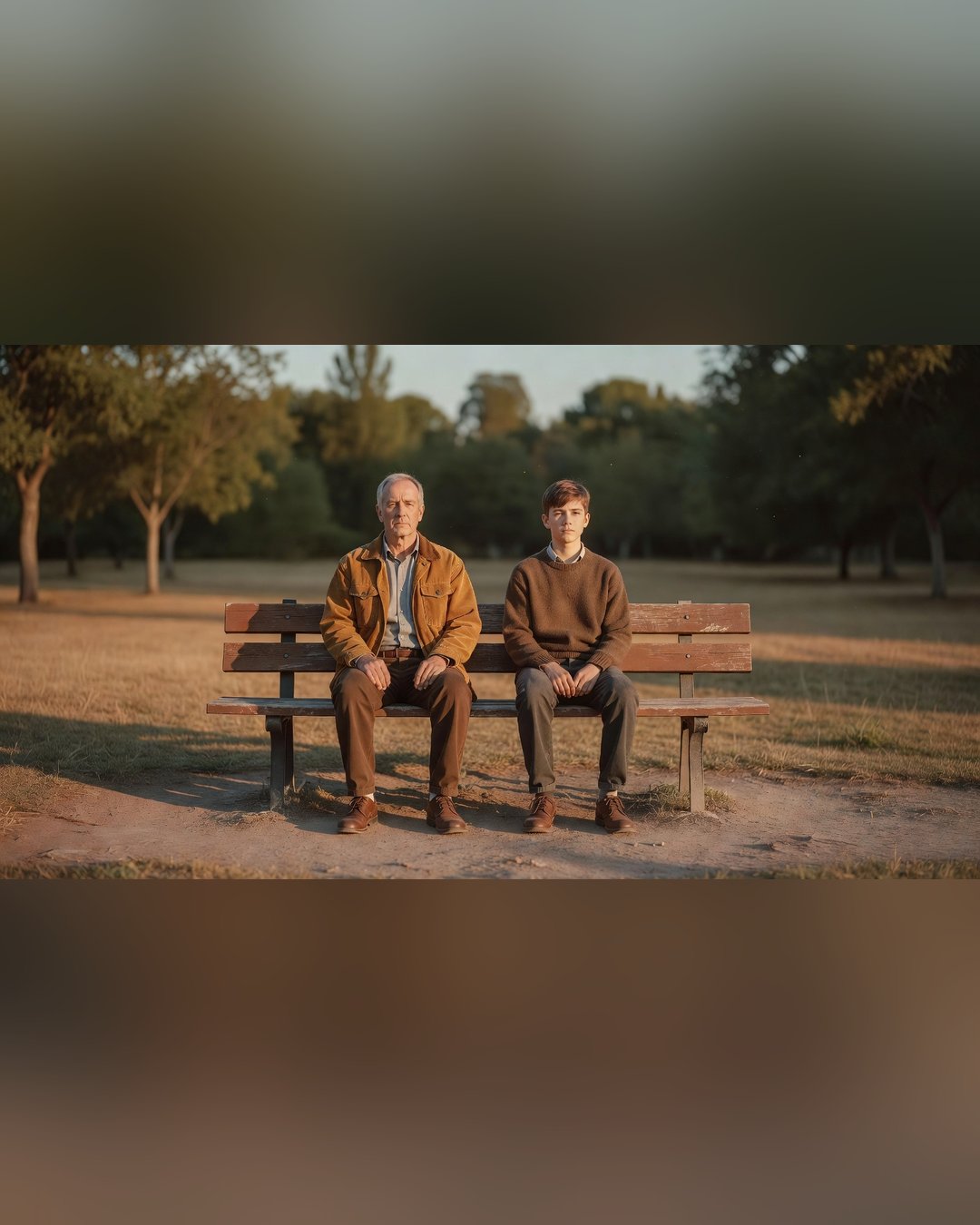 Pai e filho adolescente sentados lado a lado num banco de praça em fim de tarde, ambos olhando pra frente em silêncio, luz dourada melancólica, postura idêntica entre os dois.