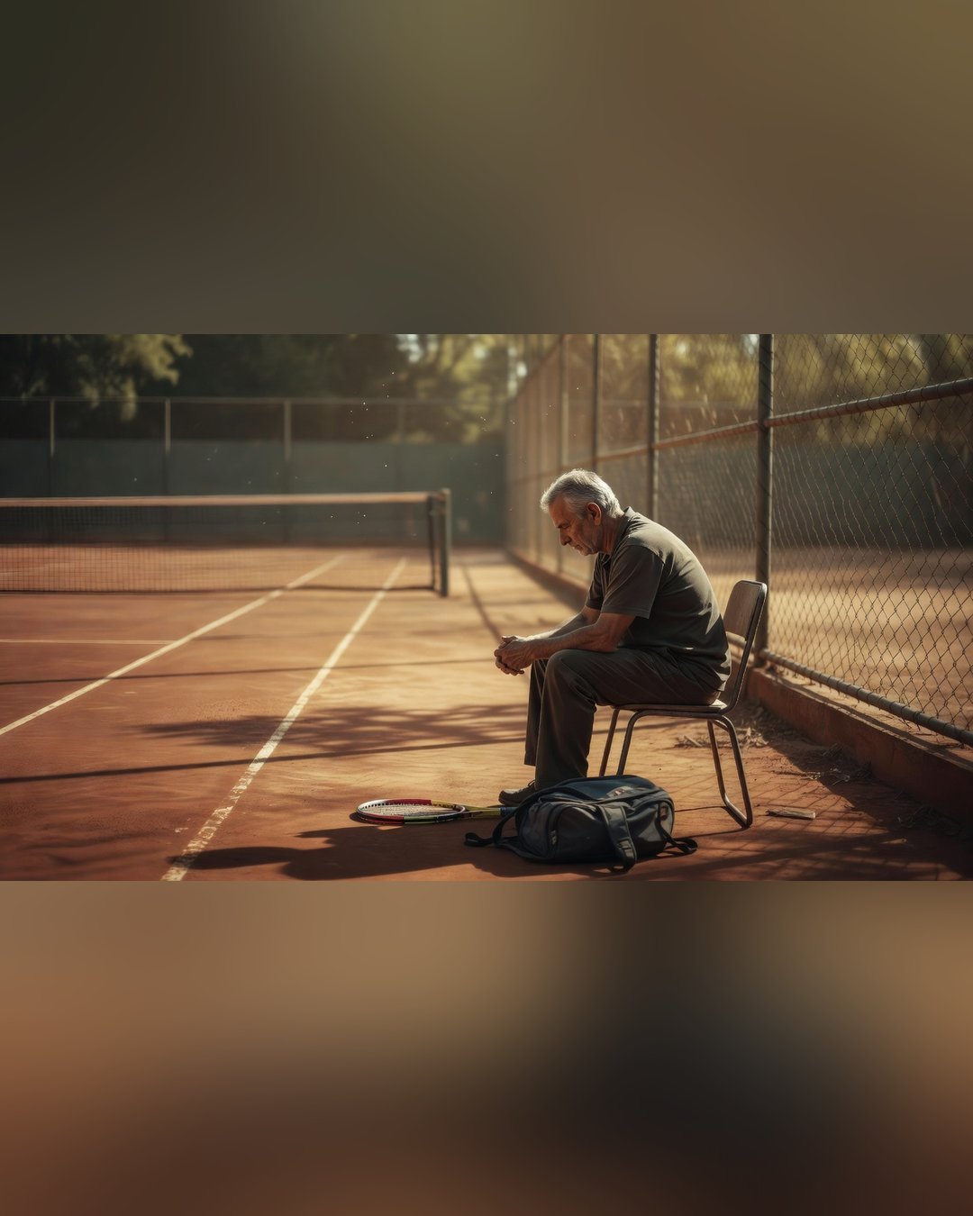Pai sentado sozinho numa cadeira de plástico ao lado de uma quadra de tênis vazia no fim do treino, raquete infantil e mochila esportiva aos pés, luz de fim de tarde entrando pela tela do alambrado.