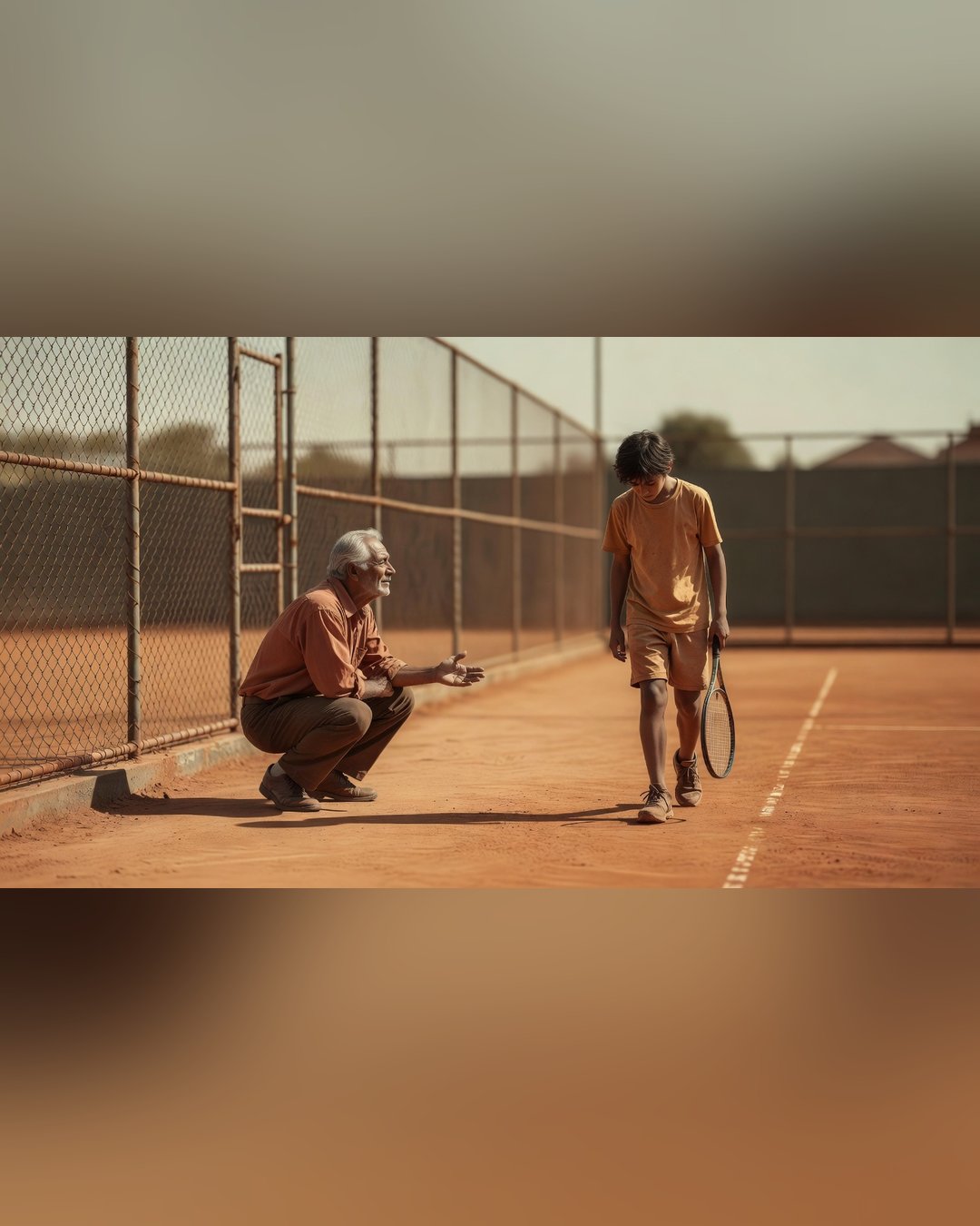Pai agachado na saída de uma quadra de saibro, com o braço estendido, esperando o filho adolescente que caminha na direção dele com a raquete baixa e a cabeça abaixada depois da derrota.