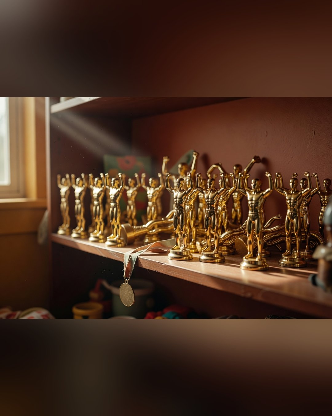 Estante de quarto infantil cheia de troféus de plástico dourado idênticos e uma única medalha de participação pendurada, luz de fim de tarde entrando pela janela, foco no contraste entre tantos prêmios iguais.