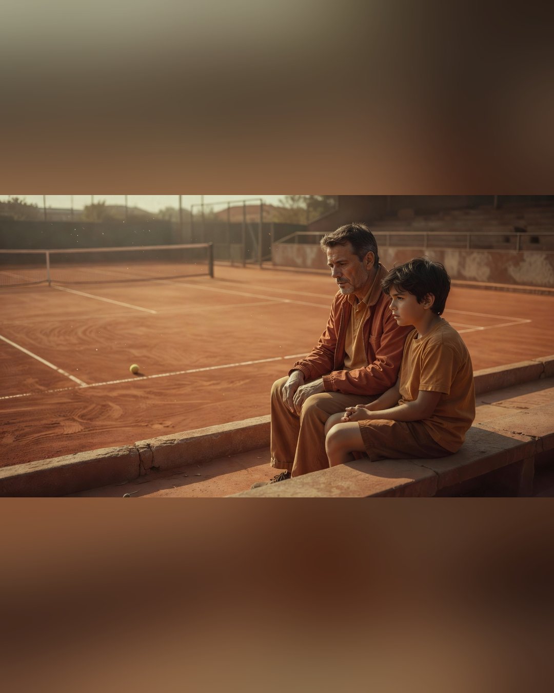Pai e filho adolescente sentados nas arquibancadas de uma quadra de saibro, olhando para a quadra vazia, luz dourada de fim de tarde, postura silenciosa e pensativa.